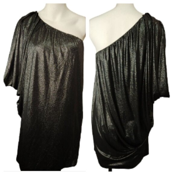 Womens Y2K One Shoulder Bodycon Mini Dress Size 6 Aqua Black Metallic Stretch - Picture 1 of 11